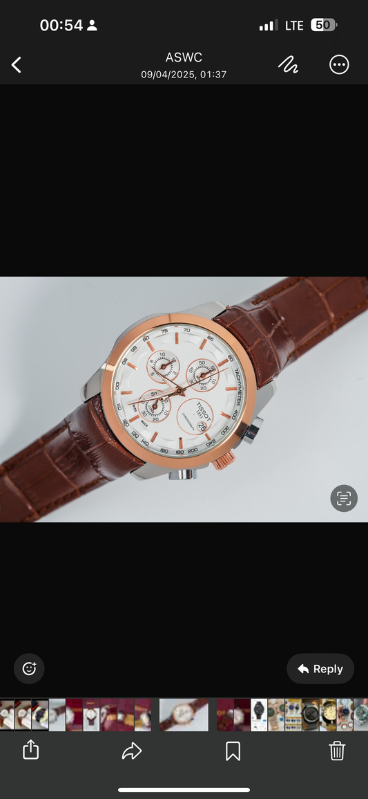 Silver Tissot Chronograph WIth Tachymeter And Brown Leather Strap