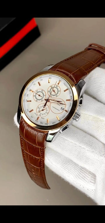 Silver Tissot Chronograph WIth Tachymeter And Brown Leather Strap