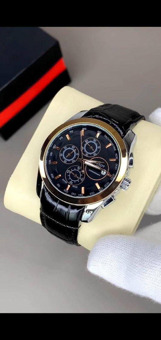 Black Tissot Chronograph With Tachymeter And Brown Leather