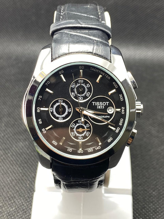 Black Tissot Chronograph With Tachymeter And Brown Leather