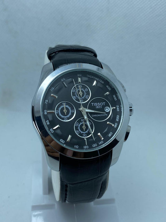 Black Tissot Chronograph With Tachymeter And Brown Leather