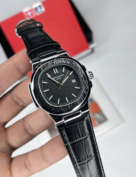 Patek Philippe Nautilus Style – Black Dial & Leather Strap Luxury Watch