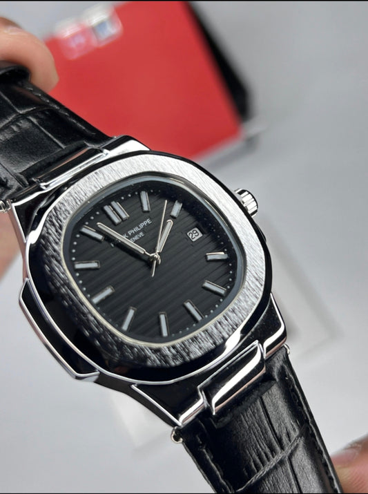 Patek Philippe Nautilus Style – Black Dial & Leather Strap Luxury Watch